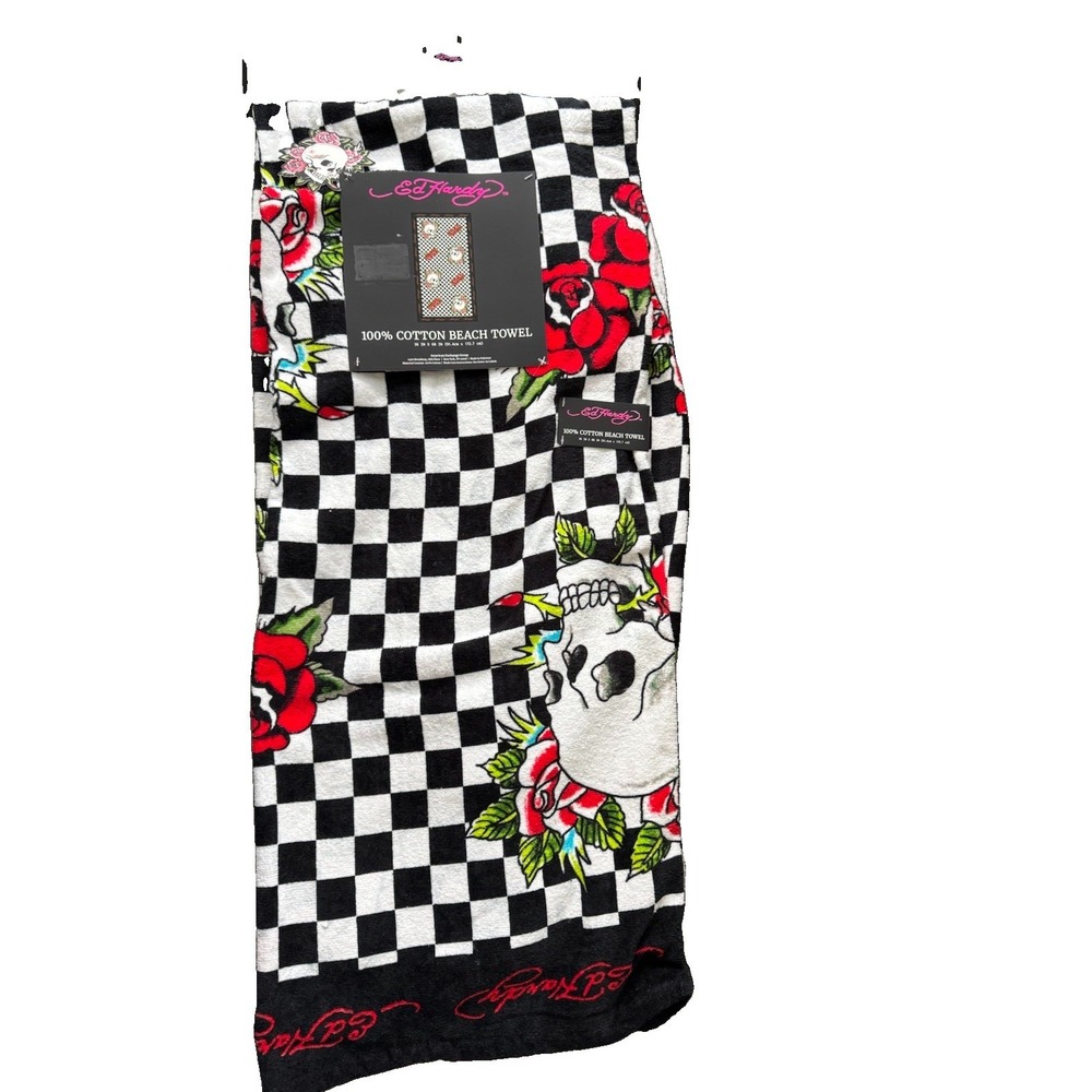 Ed Hardy Skull Roses Checkered Beach Towel 36x68 Cotton Black White NWT